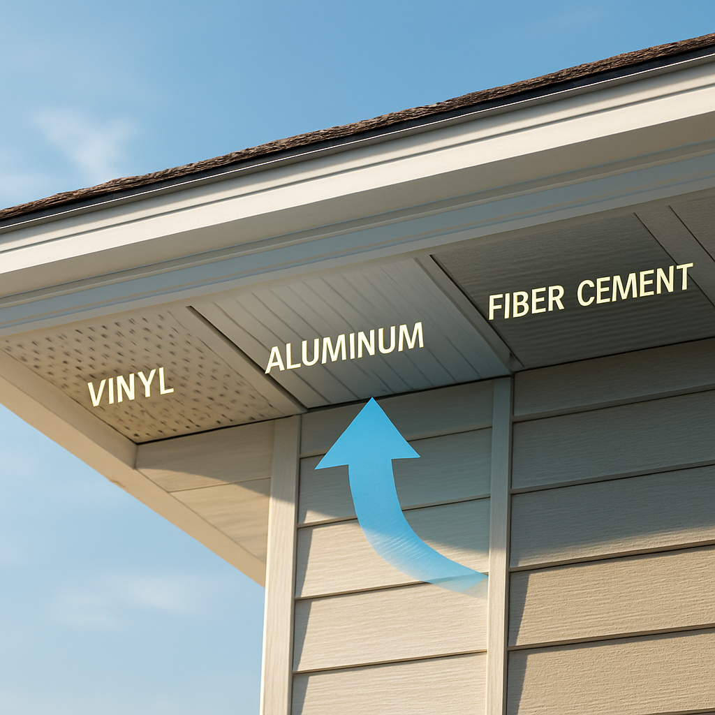 A photorealistic view of a residential roof edge showing three different soffit materials—vinyl, aluminum, and fiber‑cement—each labeled, with sunlight highlighting the panels and a clear airflow arrow indicating ventilation. Alt: Detailed illustration of soffit material options and benefits.