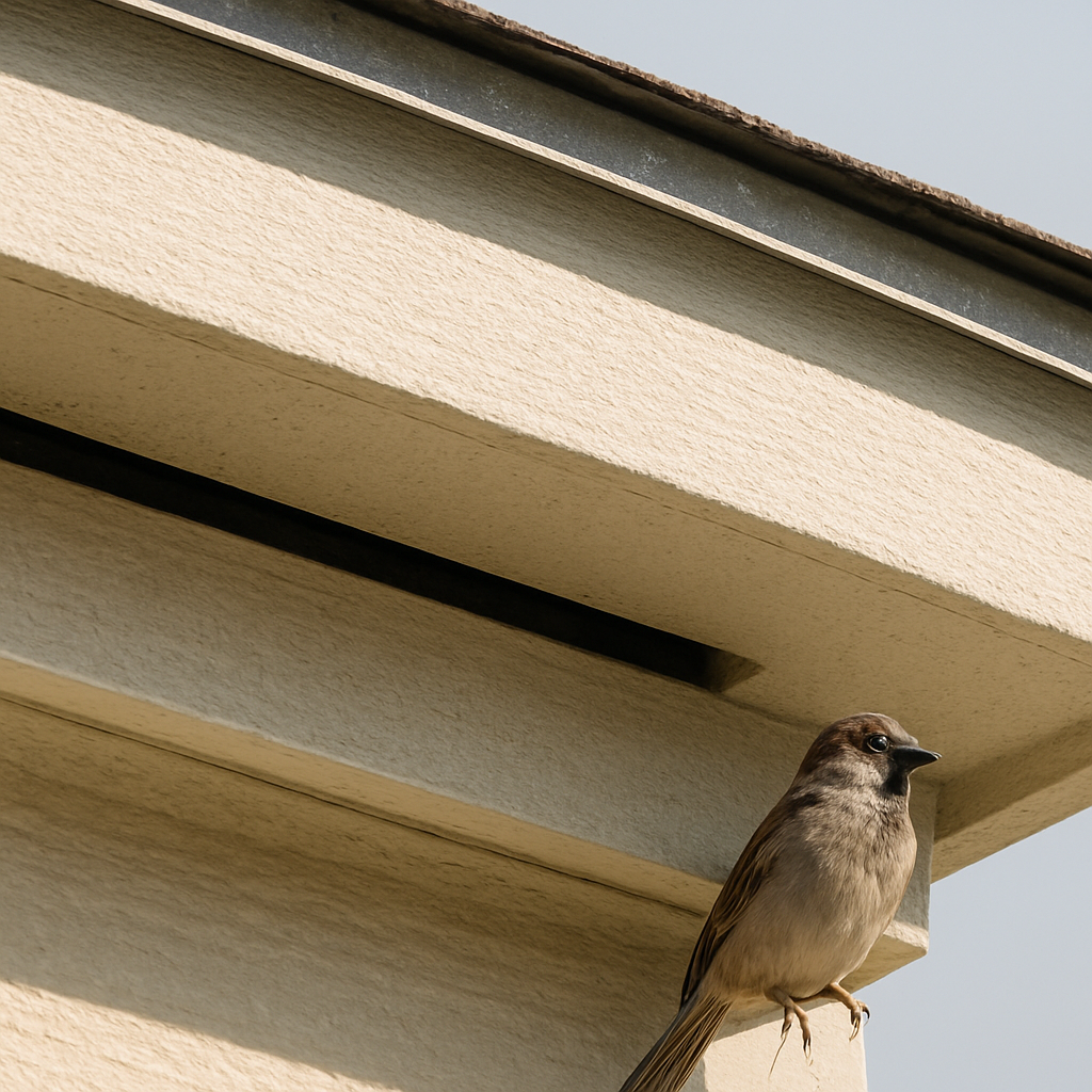 A photorealistic close‑up of a residential soffit edge showing a clear half‑inch ventilation gap, with sunlight highlighting the material texture and a small bird perched nearby. Alt: Detailed view of a properly installed soffit with ventilation gap. 