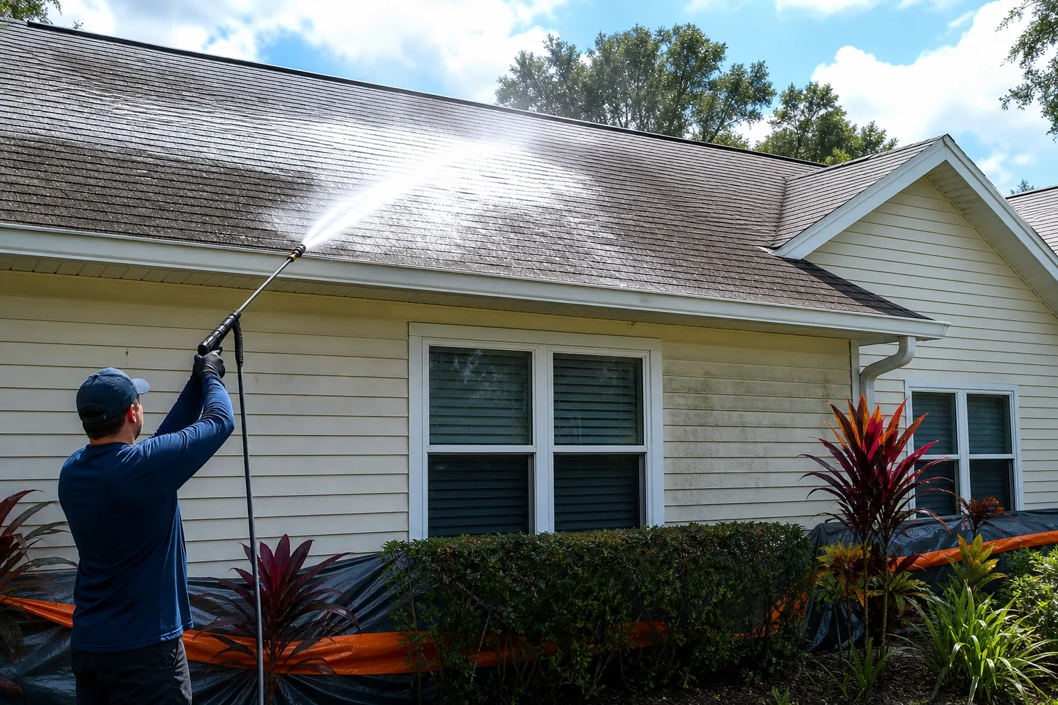 low-pressure soft washing a Central Florida roof and siding