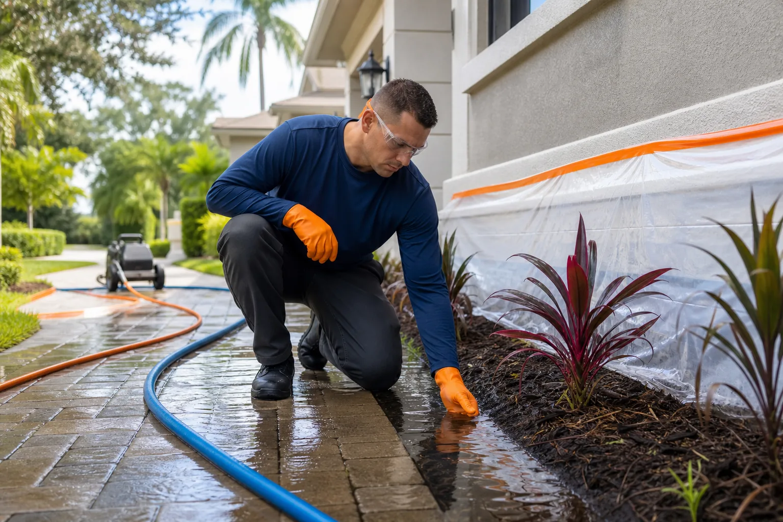 safe exterior cleaning workflow with plant protection and runoff control