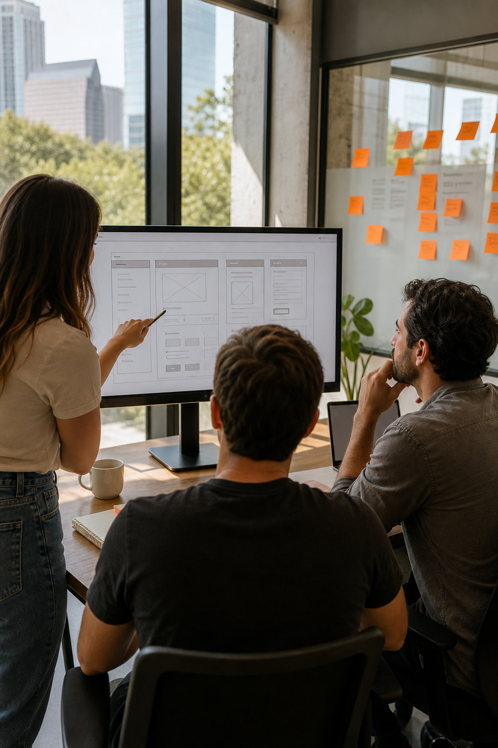 A photorealistic over-the-shoulder shot of a small startup team reviewing a web app wireframe on a large monitor in a bright Austin office, warm natural light, orange accent sticky notes on a glass board. Alt: software development team for startups planning a custom web app.