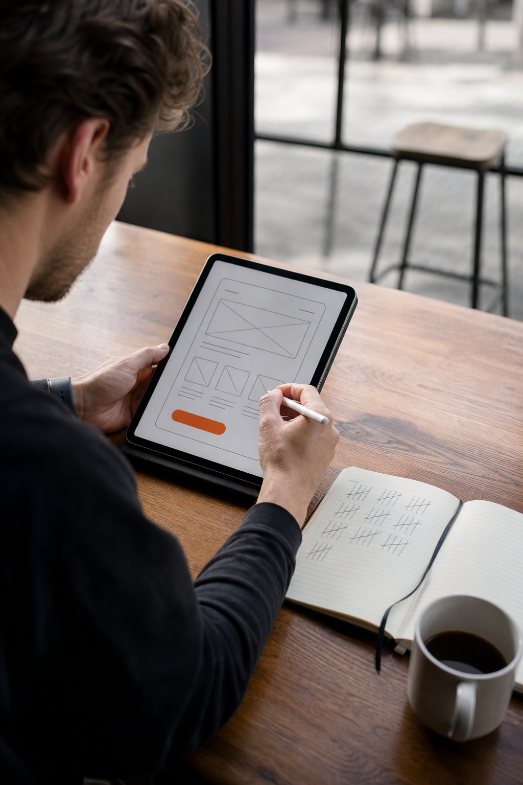 A photorealistic close-up of a founder sketching a landing-page mockup on a tablet at a coffee shop table, a notebook with pre-order tally marks beside it, soft daylight. Alt: startup founder validating a software idea with a landing page demo before building.
