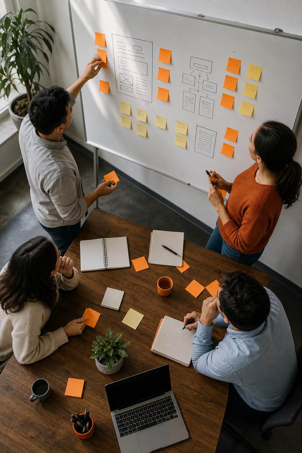 An overhead view of a team brainstorming with sticky notes and a whiteboard, planning project scope and requirements. Alt: Software development project scope planning session.