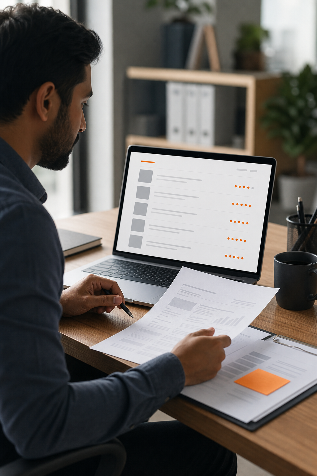 A professional reviewing documents and laptop screen showing a list of software development companies for evaluation. Alt: Vetting software development outsourcing partners.