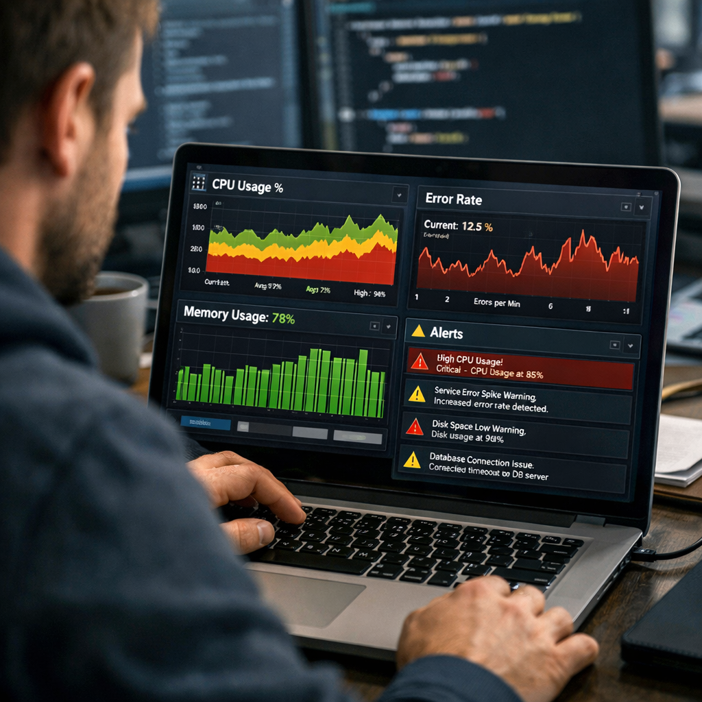 A realistic illustration of a software engineer reviewing a monitoring dashboard on a laptop, with graphs of CPU usage, error rates, and alert notifications. Alt: software maintenance monitoring dashboard visualization