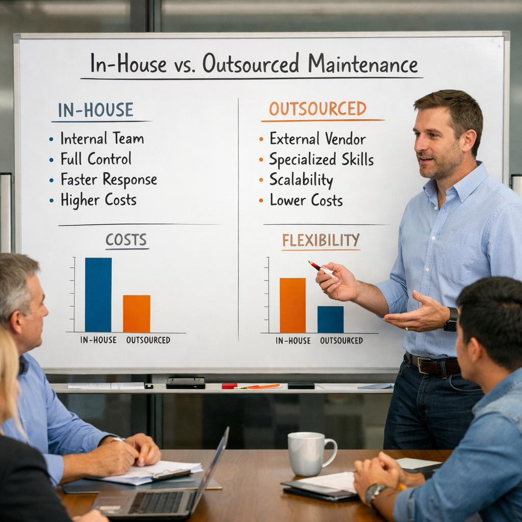 A realistic scene of a business meeting where a tech lead explains in‑house vs outsourced maintenance options using a whiteboard and charts. Alt: comparison of in‑house and outsourced software maintenance models