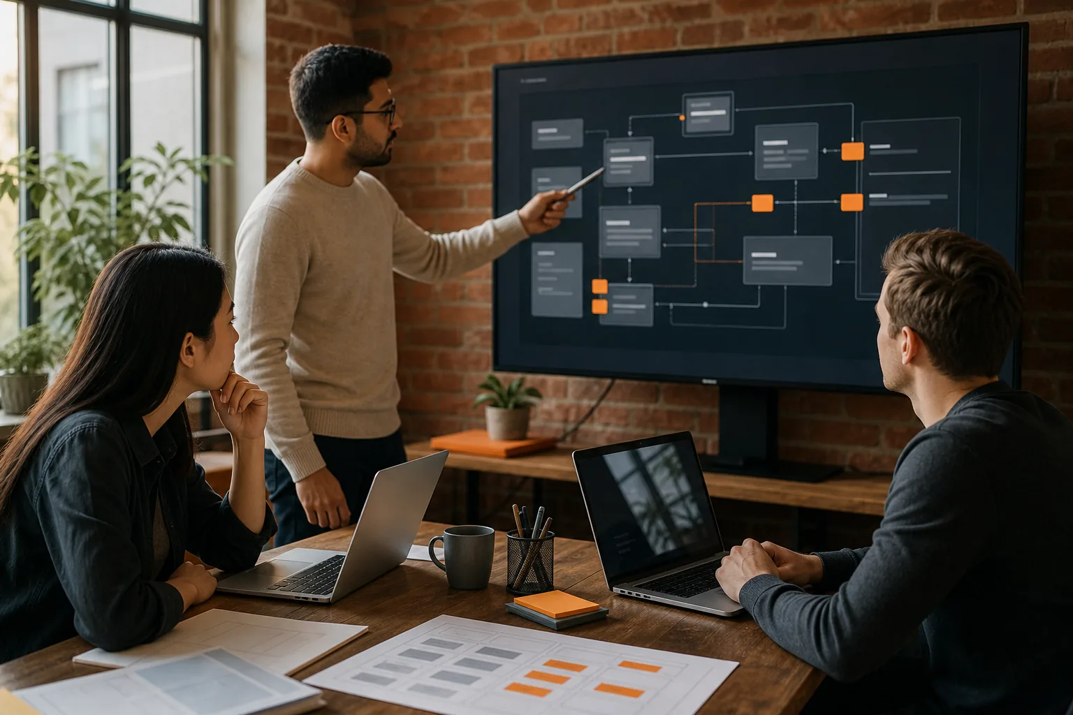Software team managing project risks and testing application quality.