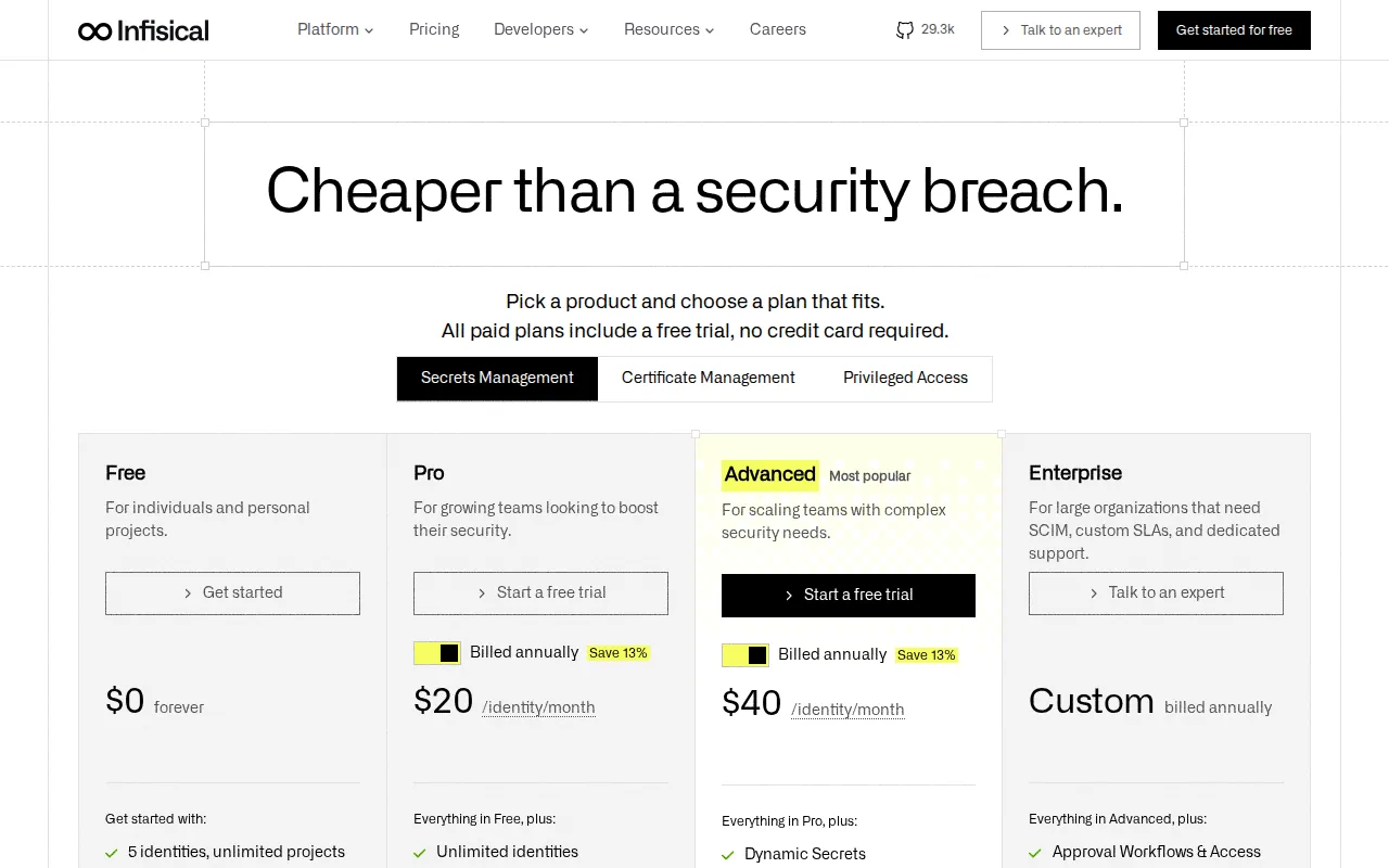 Screenshot of the Infisical website