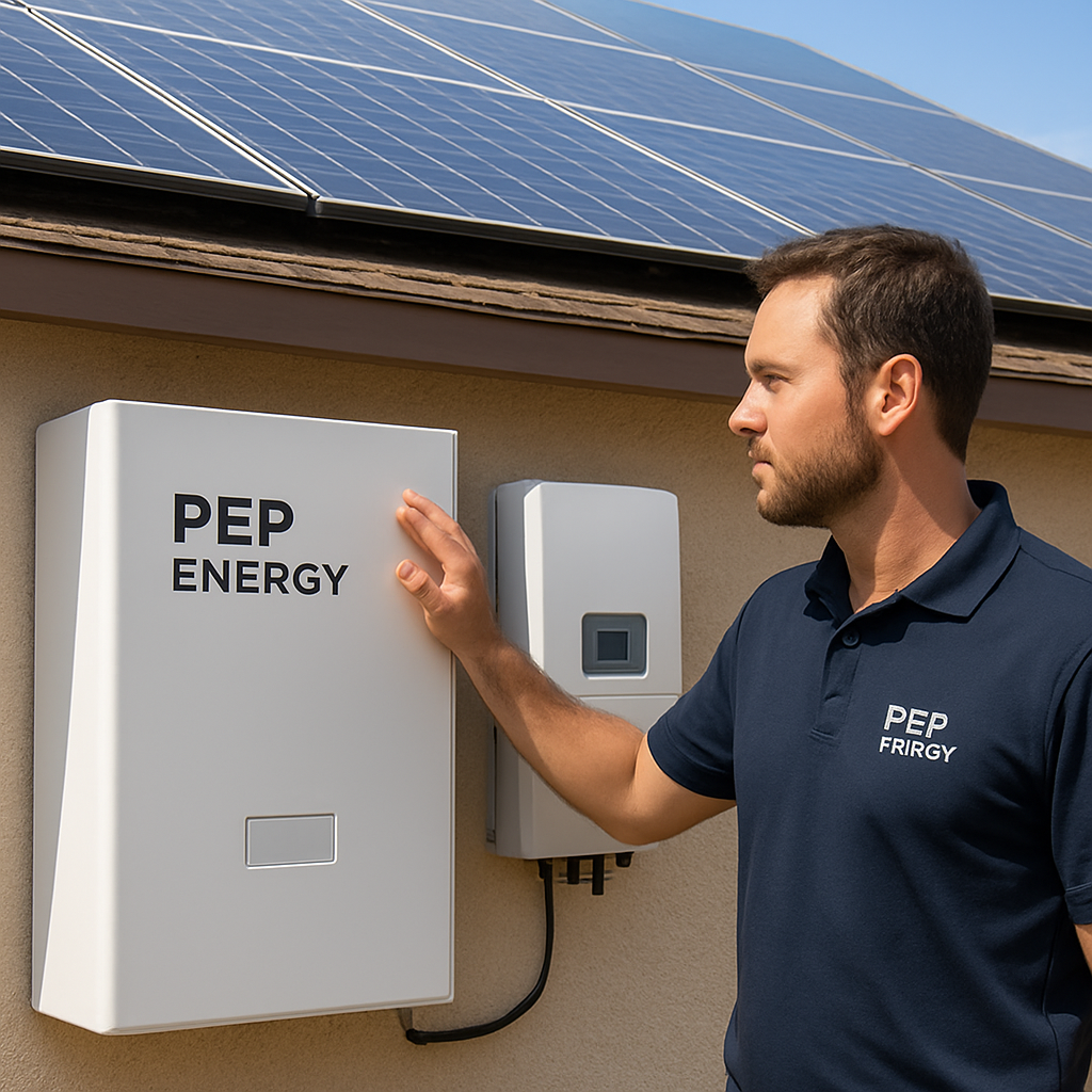 Solar Battery Backup Cost Guide: What You Need to Know 1 A homeowner checking a residential battery bank next to solar inverters on a sunny day. Alt: solar battery backup cost visual showing battery unit and inverter next to solar panels on a roof.