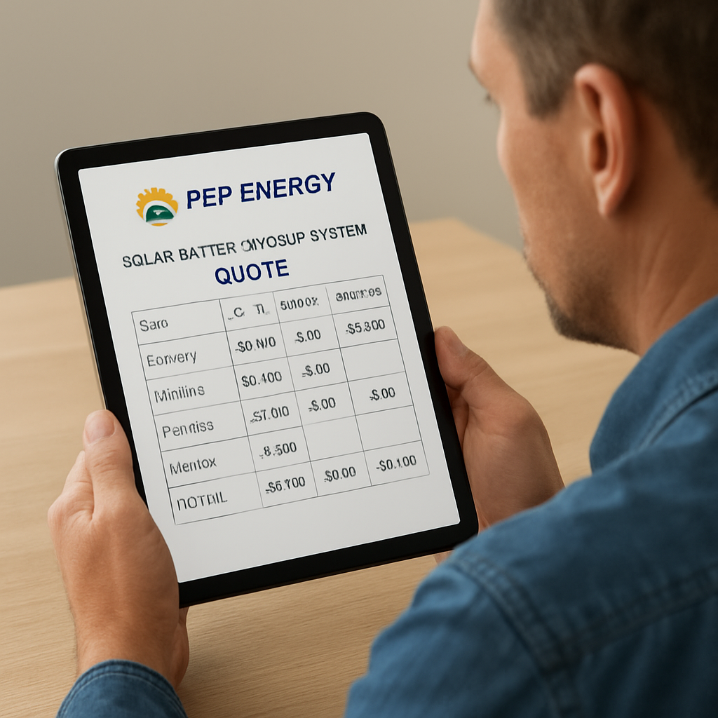 Solar Battery Backup Cost Guide: What You Need to Know 2 A homeowner reviewing a detailed line‑item quote for a solar battery backup system on a tablet, showing battery, inverter, permits, and rebate columns. Alt: detailed solar battery backup cost breakdown image.