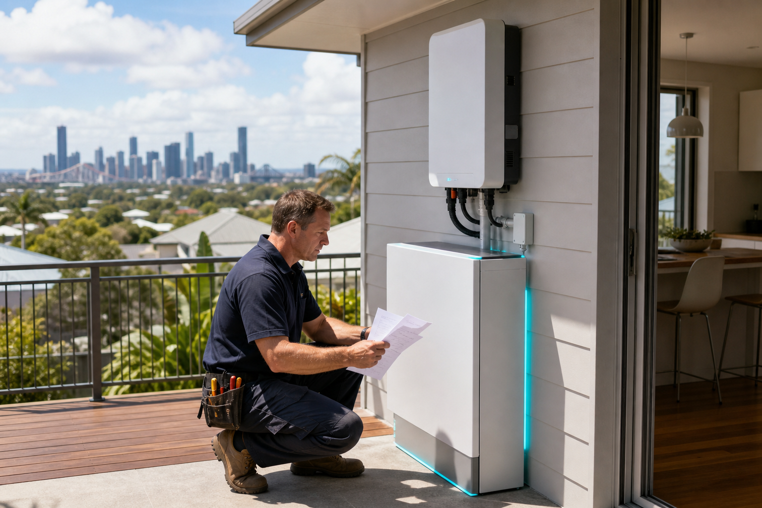 electrician assessing home solar battery size and energy use in Brisbane