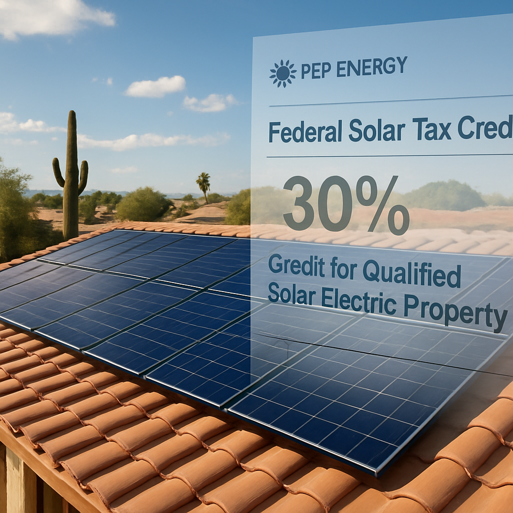 A sunny Arizona rooftop covered with sleek solar panels, with a subtle overlay of a tax form showing the 30% credit. Alt: Federal Solar Tax Credit reduces solar installation cost for homeowners.