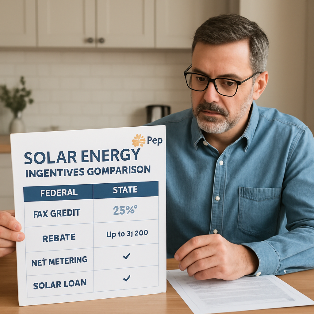 A side‑by‑side comparison chart of solar incentives, showing a homeowner reviewing paperwork on a kitchen table. Alt: Solar energy incentives comparison chart.