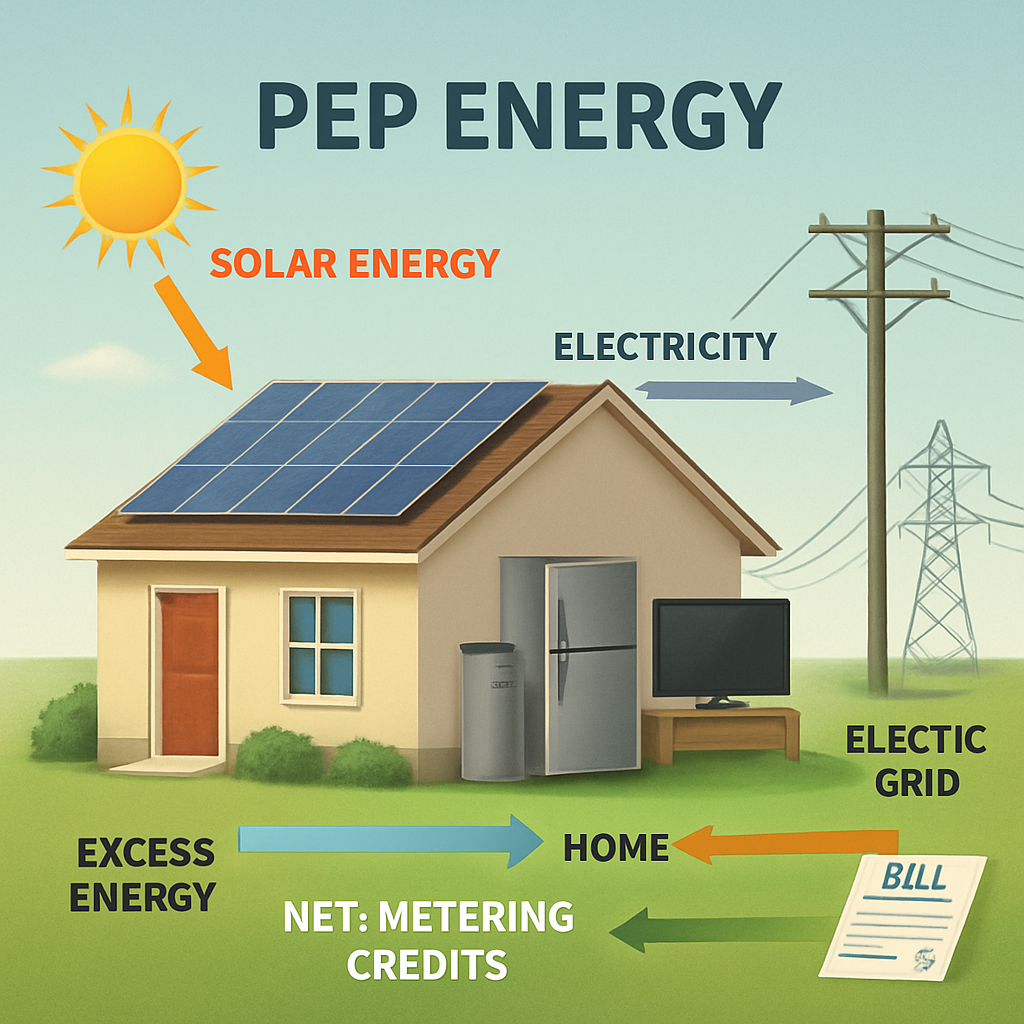 A diagram showing sunlight hitting rooftop panels, electricity flowing to home appliances, excess energy flowing to the grid, and credits returning to the homeowner’s bill. Alt: Solar energy savings diagram illustrating generation, consumption, and net‑metering credits