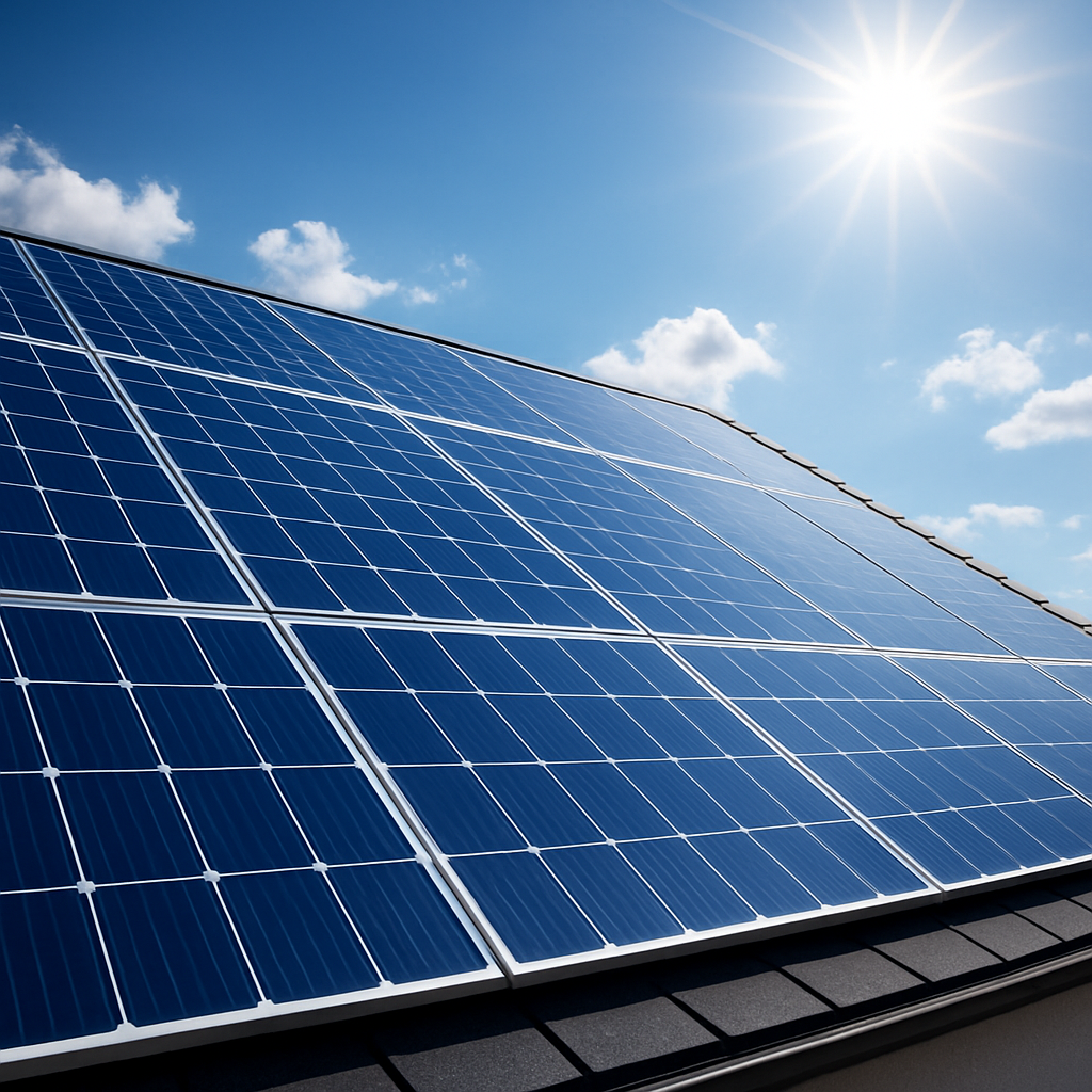 A rooftop covered with sleek, blue‑tinted solar panels under a bright sky. Alt: Solar panels on a residential roof converting sunlight to electricity.