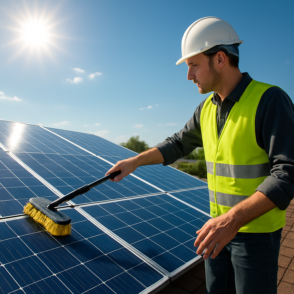 A rooftop solar array with a technician inspecting panels, cleaning brush in hand, bright sun highlighting the panels. Alt: Solar energy systems maintenance inspection on a residential roof.