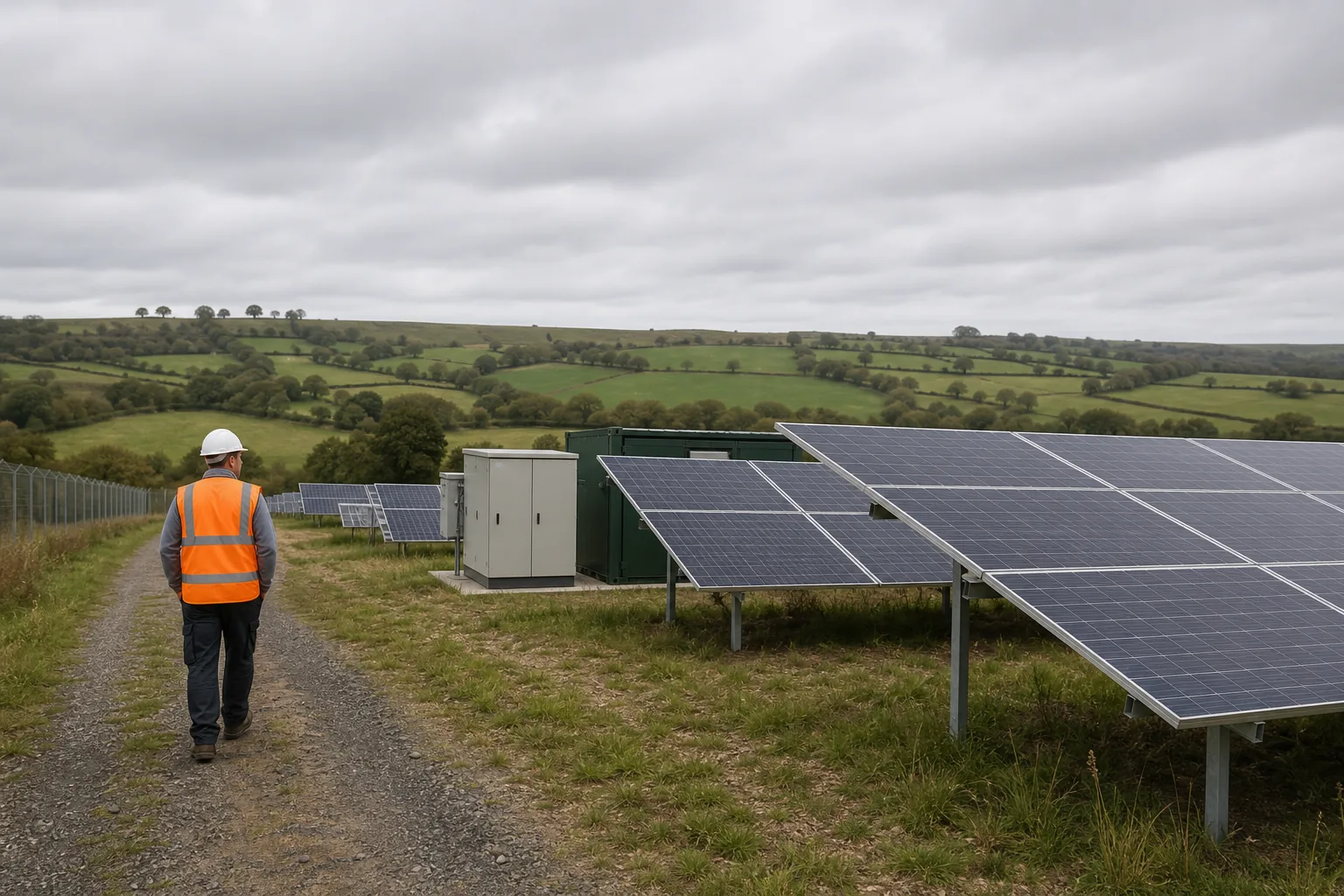 UK solar farm maintenance inspection with solar panels and site equipment.