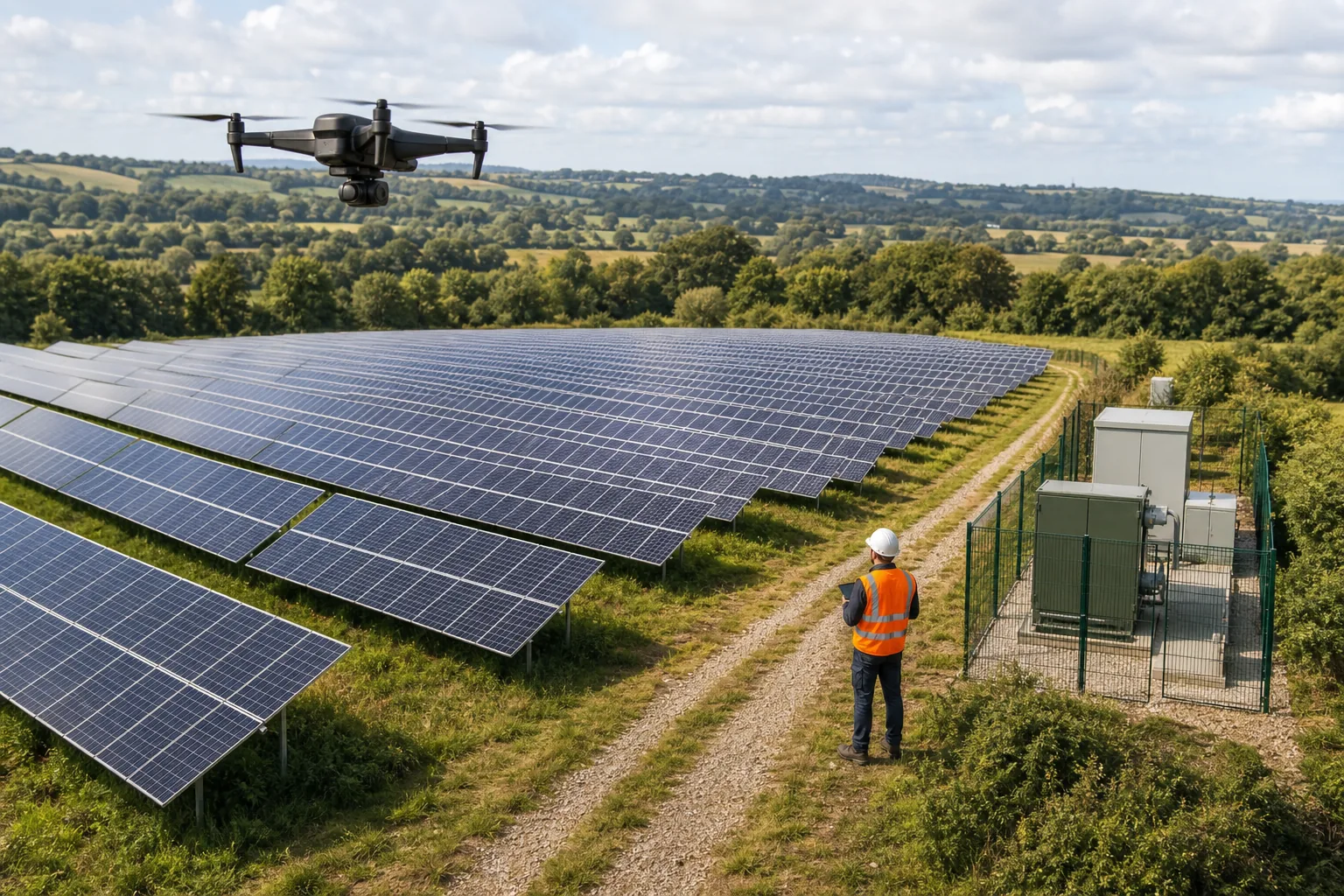 Drone thermal inspection of solar farm modules and electrical equipment in the UK.