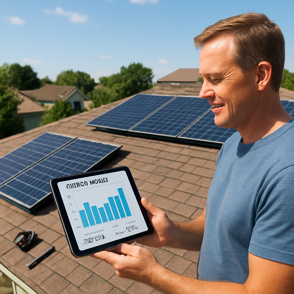 A sunny suburban roof with solar panels partially installed, showing a homeowner holding a tablet displaying energy data. Alt: Solar installation roof assessment with energy usage chart