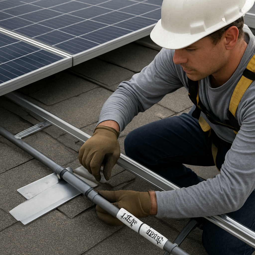 Rooftop crew aligning rails and running conduit, close-ups of flashing and labeled cables. Alt: Solar installation rooftop mounting and wiring. Include installer wearing harness, clear labels, and cable ties.