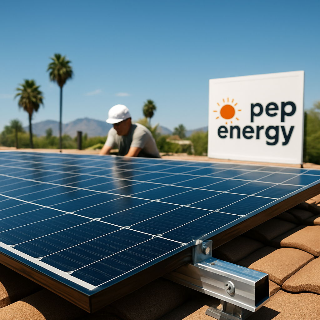 A sunny Phoenix rooftop with newly installed solar panels, showing a close‑up of the mounting hardware and a clear sky. Alt: Phoenix rooftop solar installation showing local installer work.