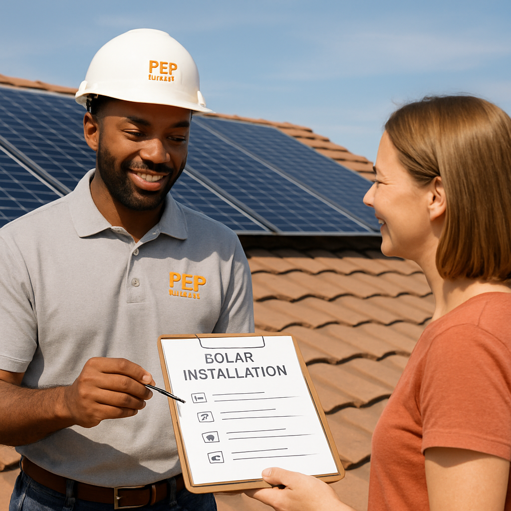 A friendly solar installer reviewing paperwork with a homeowner on a Phoenix roof, showing panels in the background. Alt: Solar installer comparison checklist for Phoenix homeowners.
