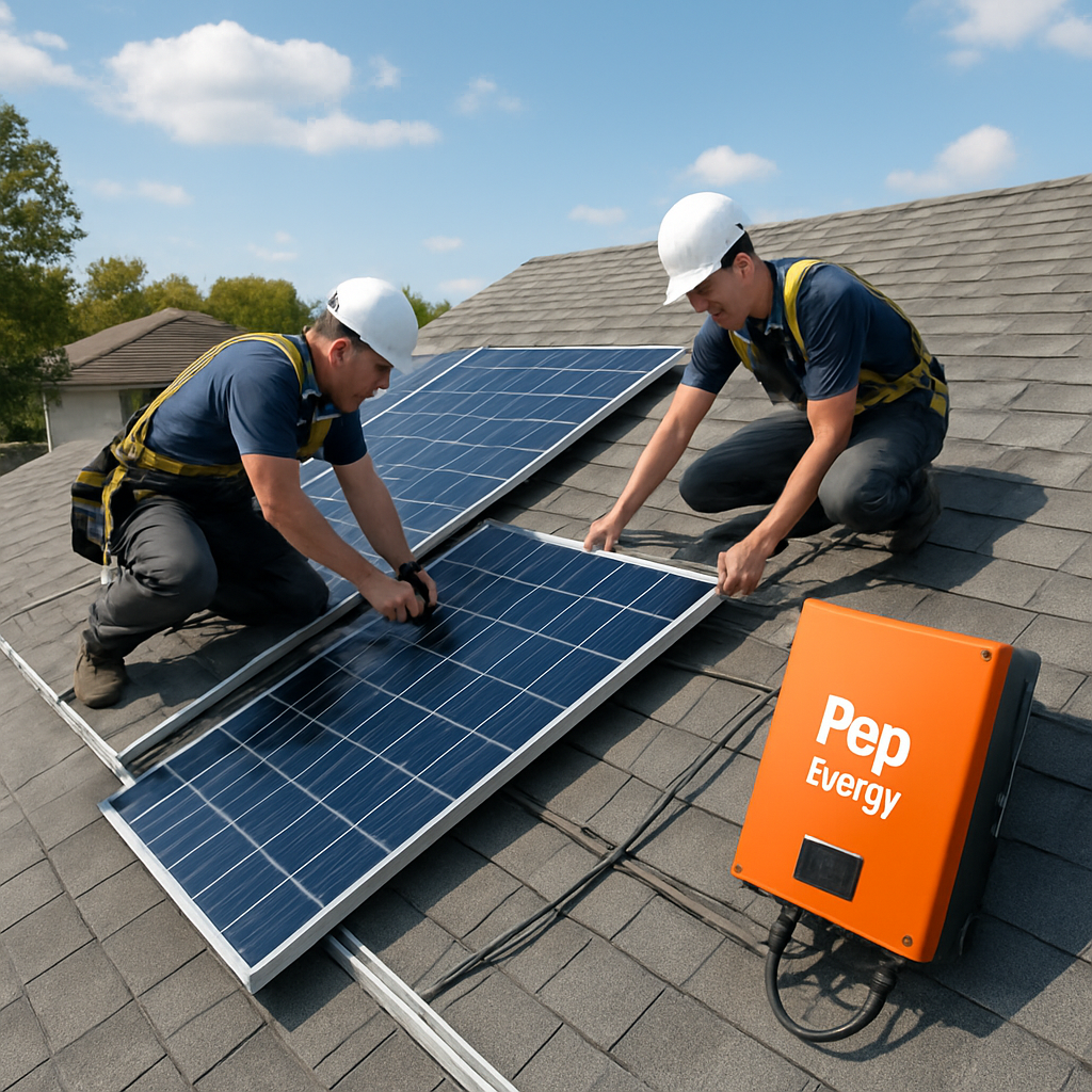 A rooftop with solar panels being installed, showing technicians securing mounting rails and wiring. Alt: Solar installation process overview with panels, rails, and inverter on a residential roof.