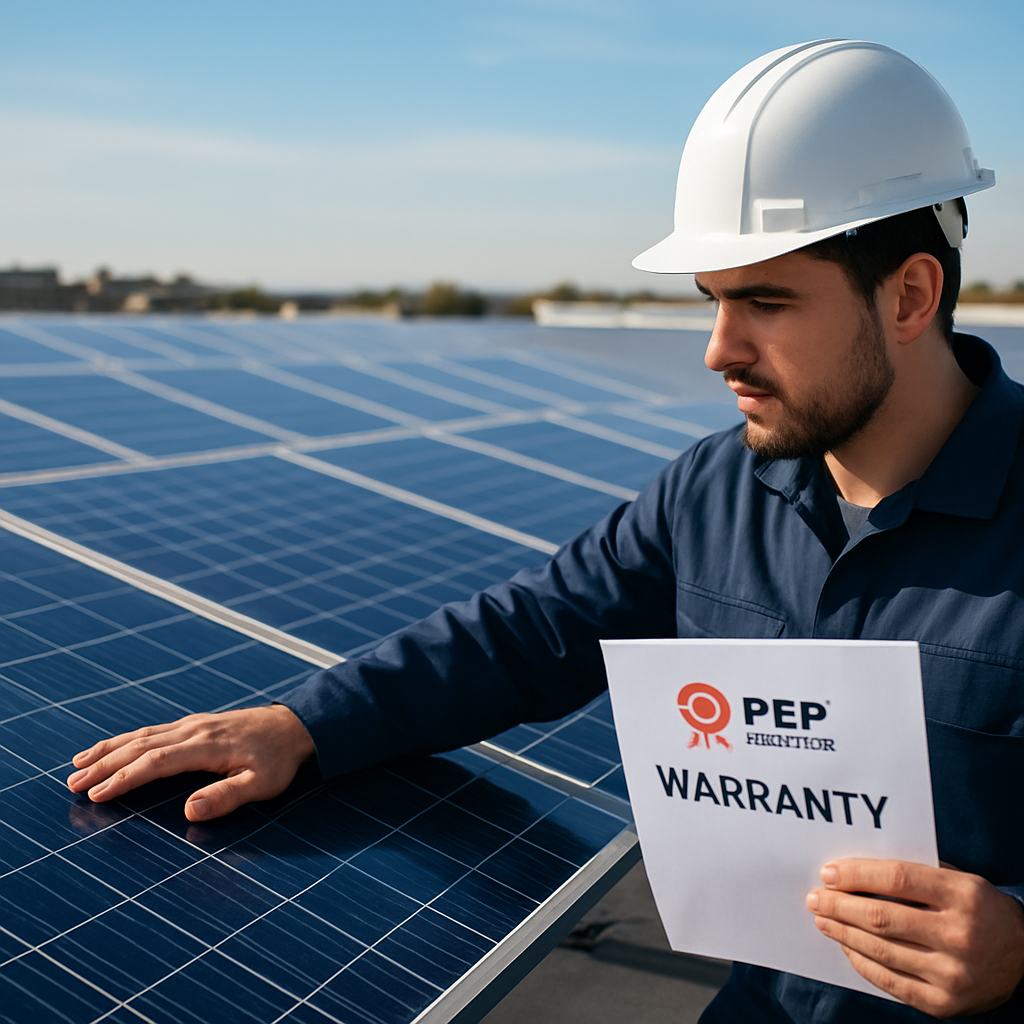 A rooftop solar array with a technician checking a panel and a warranty document. Alt: Solar installation maintenance and warranty illustration