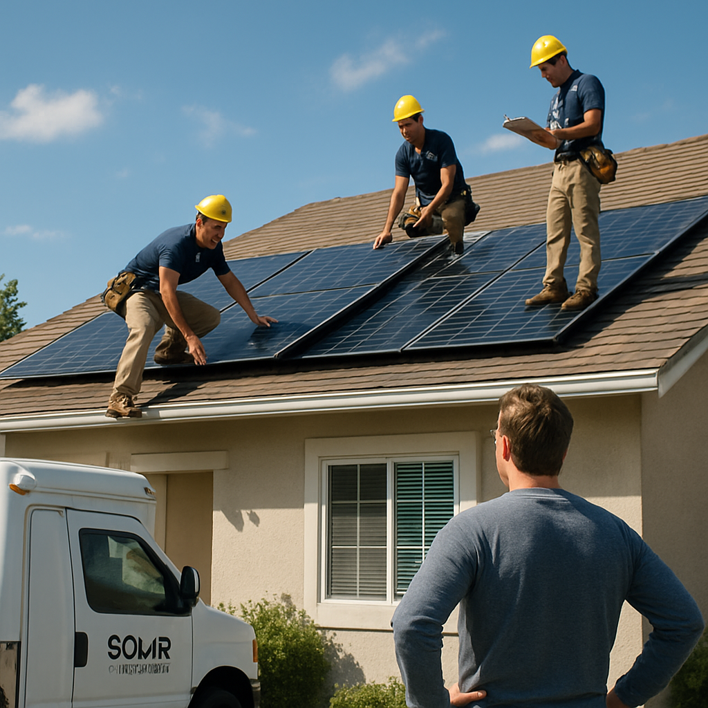 A sunny suburban rooftop with solar panels being installed by a professional crew, showing the installer’s logo on a truck and a homeowner watching. Alt: Solar installers assessing a roof for a residential solar system.