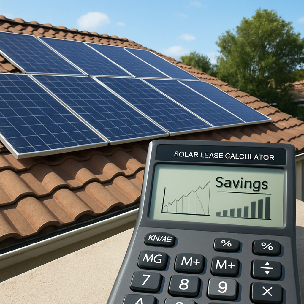A clean rooftop with solar panels and a digital calculator screen showing savings graphs. Alt: solar lease calculator savings visualization.