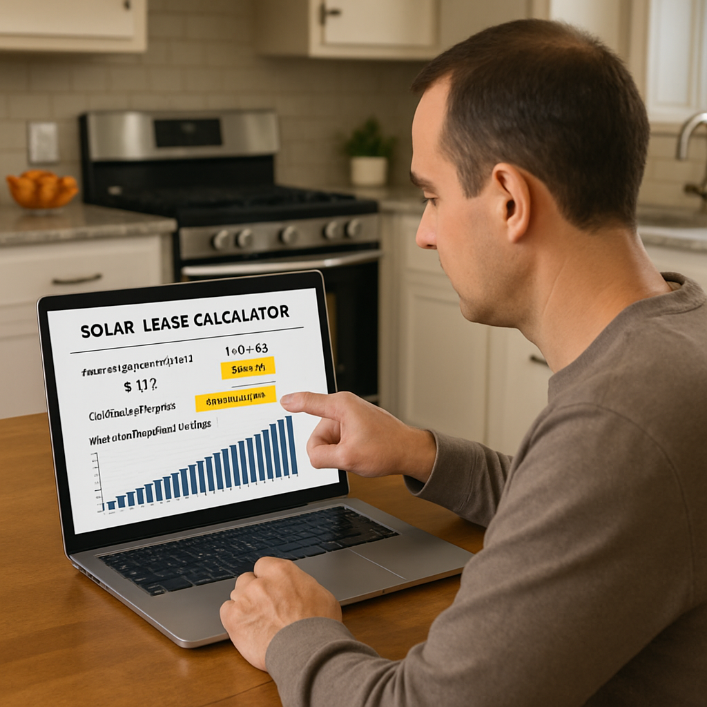 A homeowner sitting at a kitchen table with a laptop open to a solar lease calculator, pointing at a highlighted escalator clause on the screen. Alt: solar lease calculator showing escalator impact on monthly payments
