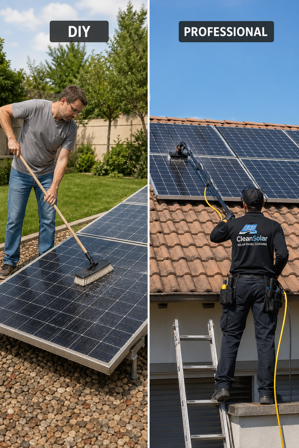 A photorealistic split image showing a homeowner using a soft brush on a ground-level solar panel on one side, and a professional cleaner with a water-fed pole on a rooftop on the other side. Alt: DIY vs professional solar panel cleaning comparison.
