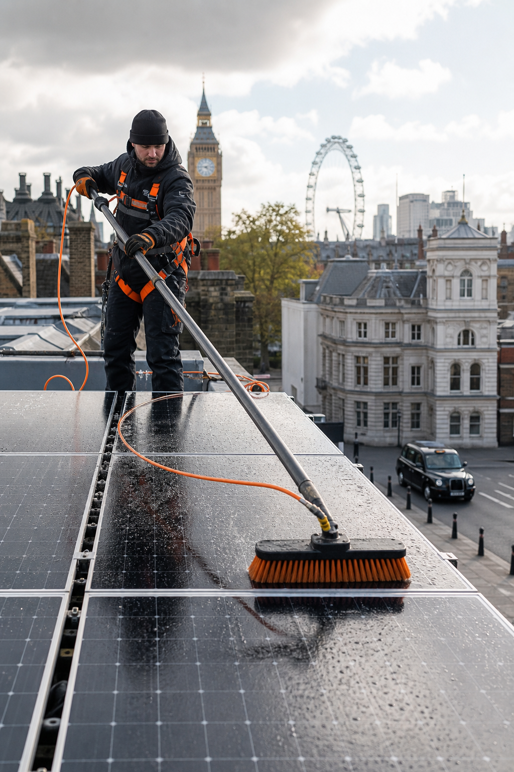 A photorealistic image related to solar-panel-cleaning-companies. Alt: solar-panel-cleaning-companies