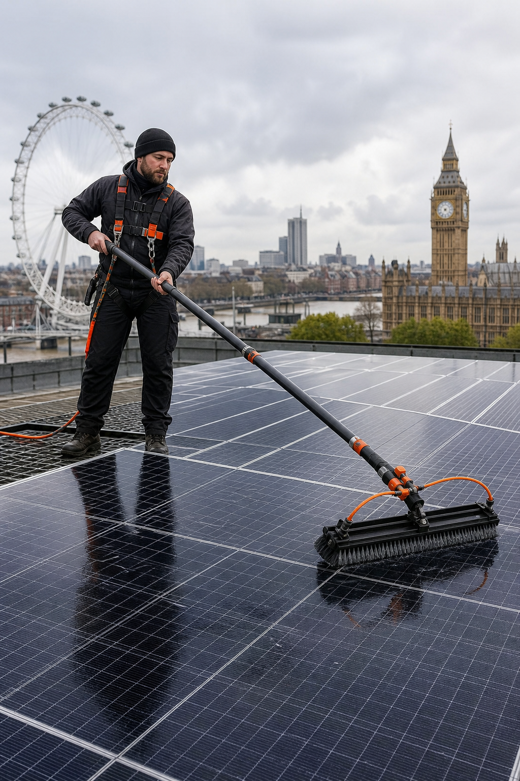 A photorealistic image related to solar-panel-cleaning-equipment. Alt: solar-panel-cleaning-equipment