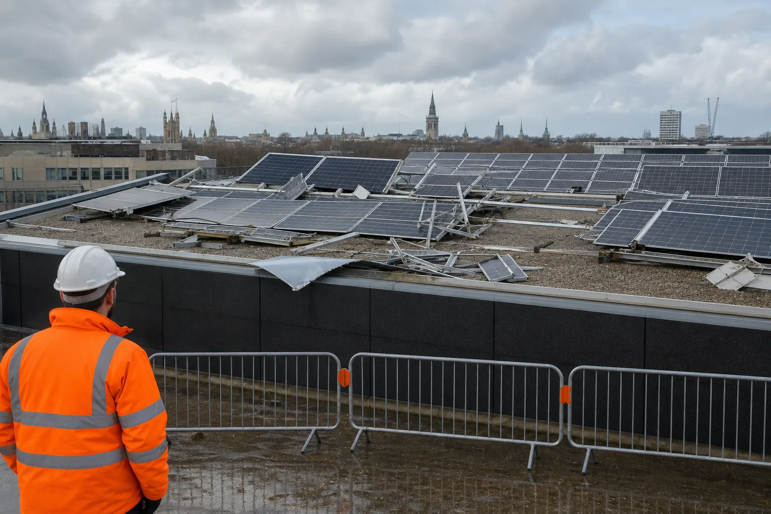 safe ground-level inspection of solar panel damage on a commercial roof