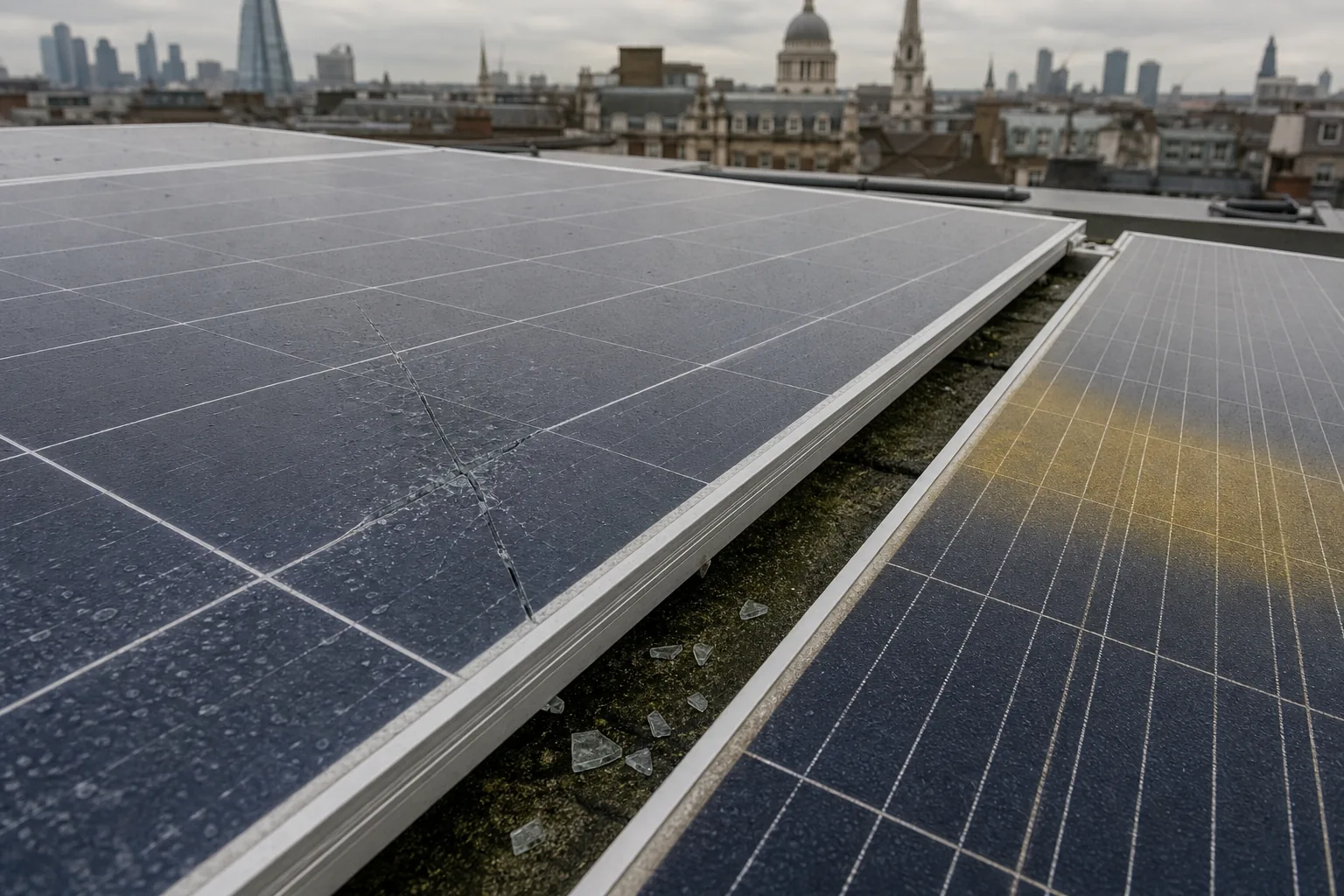 cracked glass moisture ingress and yellowing from solar panel damage