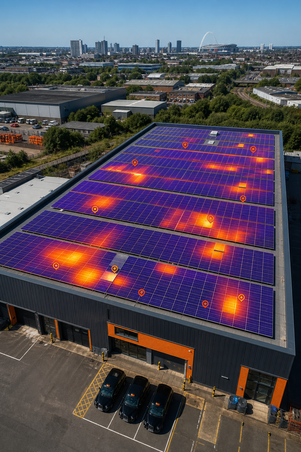 A realistic aerial view of a commercial flat‑roof solar array captured by a high‑resolution drone, showing thermal overlay with hot‑spot markers, clear sky, UK industrial setting, alt text: drone thermal inspection of commercial PV array