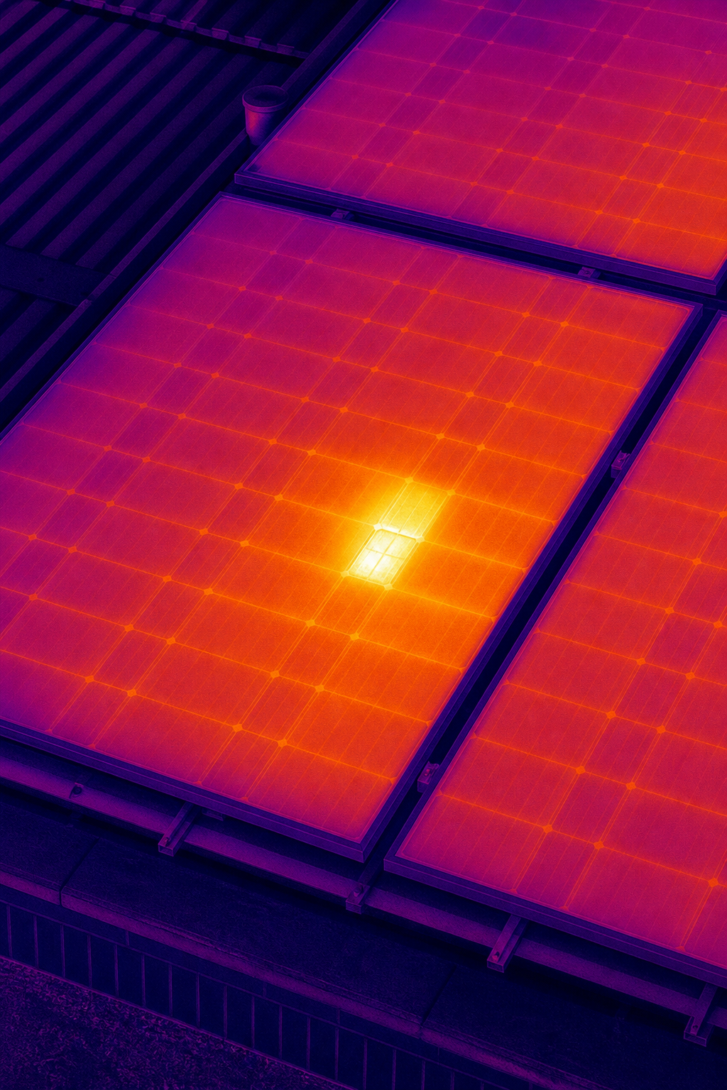 Close‑up drone‑captured thermal image of a solar panel with a bright hotspot, realistic lighting, UK rooftop, alt text: thermal hotspot detection on commercial PV module