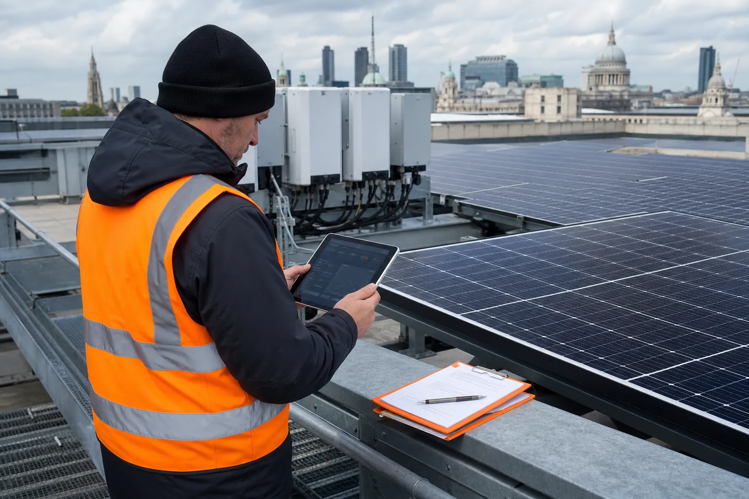 facilities manager reviewing solar PV fault records before a commercial roof inspection.