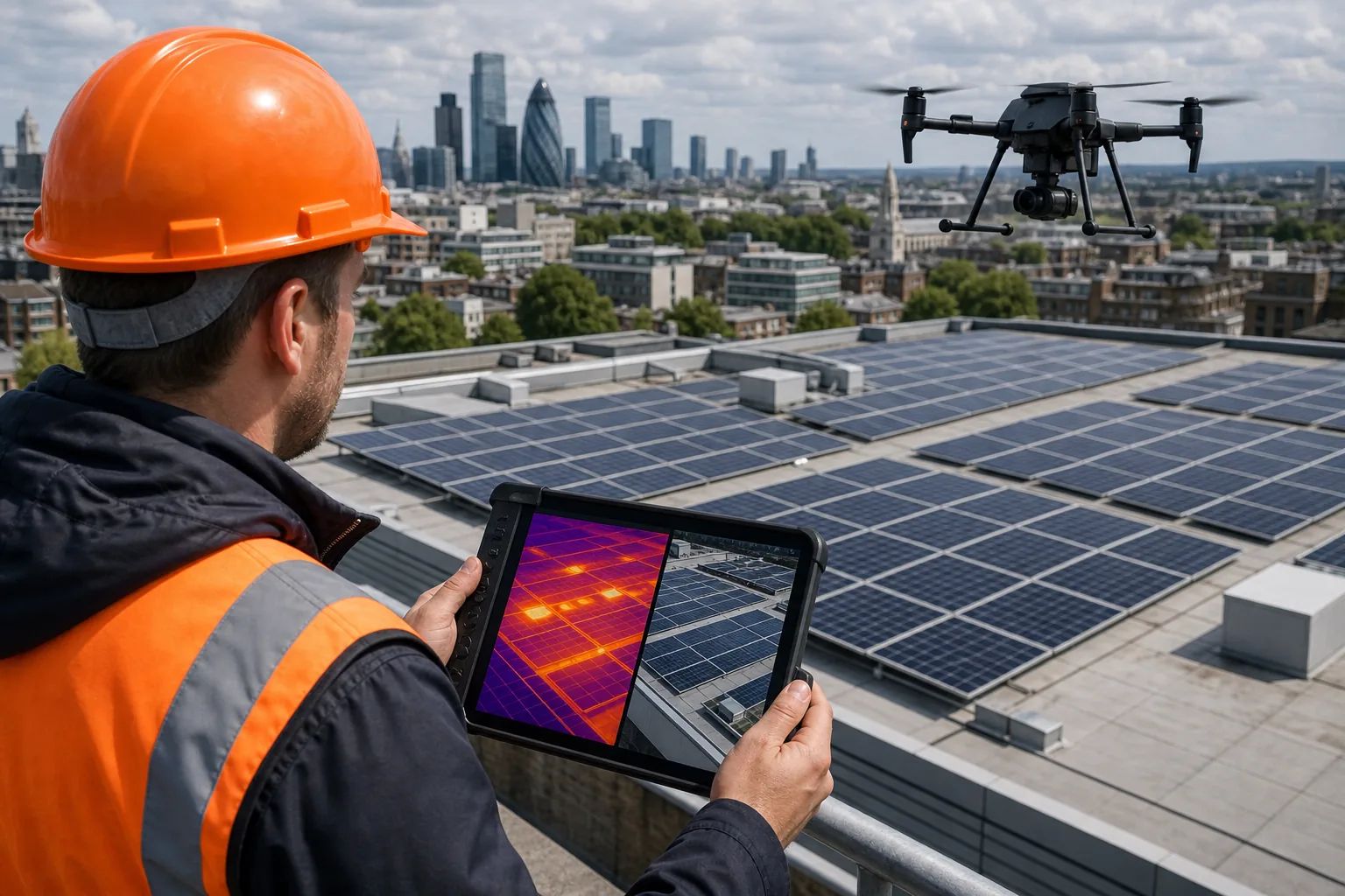 drone thermal imaging survey locating hidden solar PV hotspots on a commercial roof.
