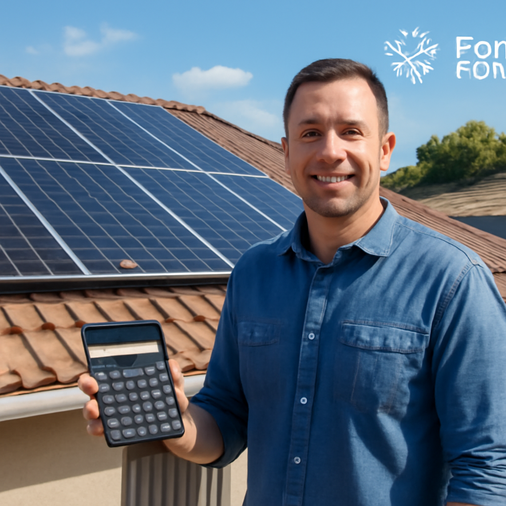 A homeowner standing beside a bright solar panel system on a sunny residential roof, holding a calculator. Alt: homeowner comparing solar financing options.