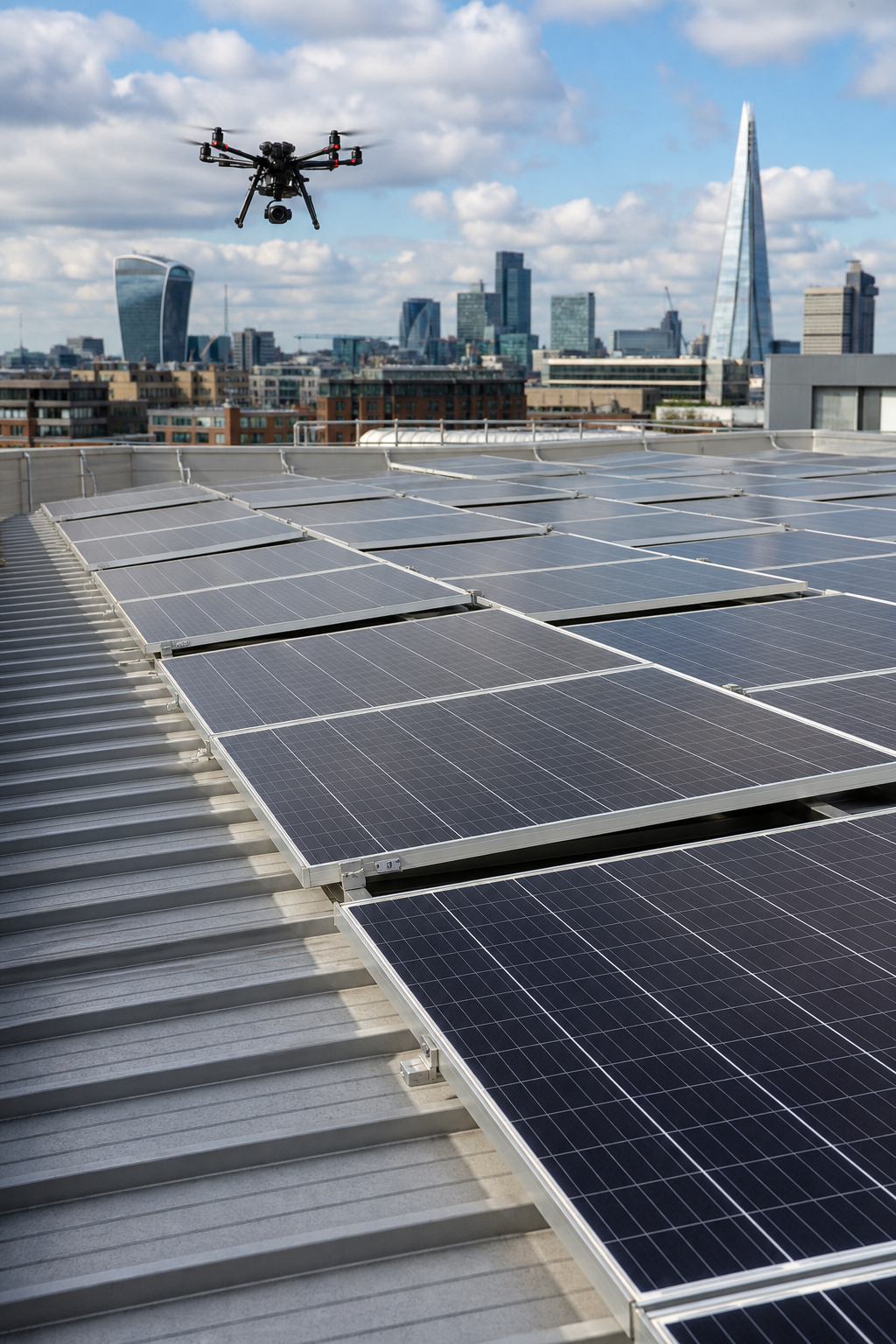 A photorealistic image of a commercial rooftop solar array with a drone flying overhead, capturing detailed visuals of the panels and mounting system. Alt: Commercial solar panel inspection with drone.