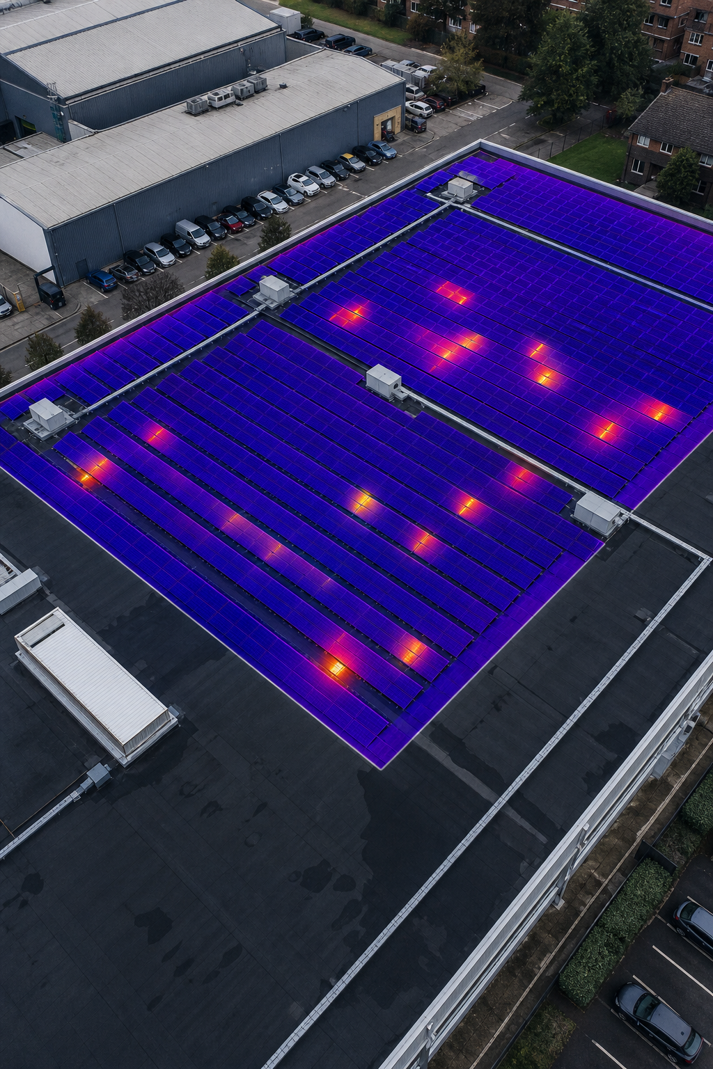 A photorealistic drone's-eye view of a commercial rooftop solar array with a thermal overlay showing red hot spots on several panels. Alt: Drone thermal imaging of solar panels detecting hot spots.