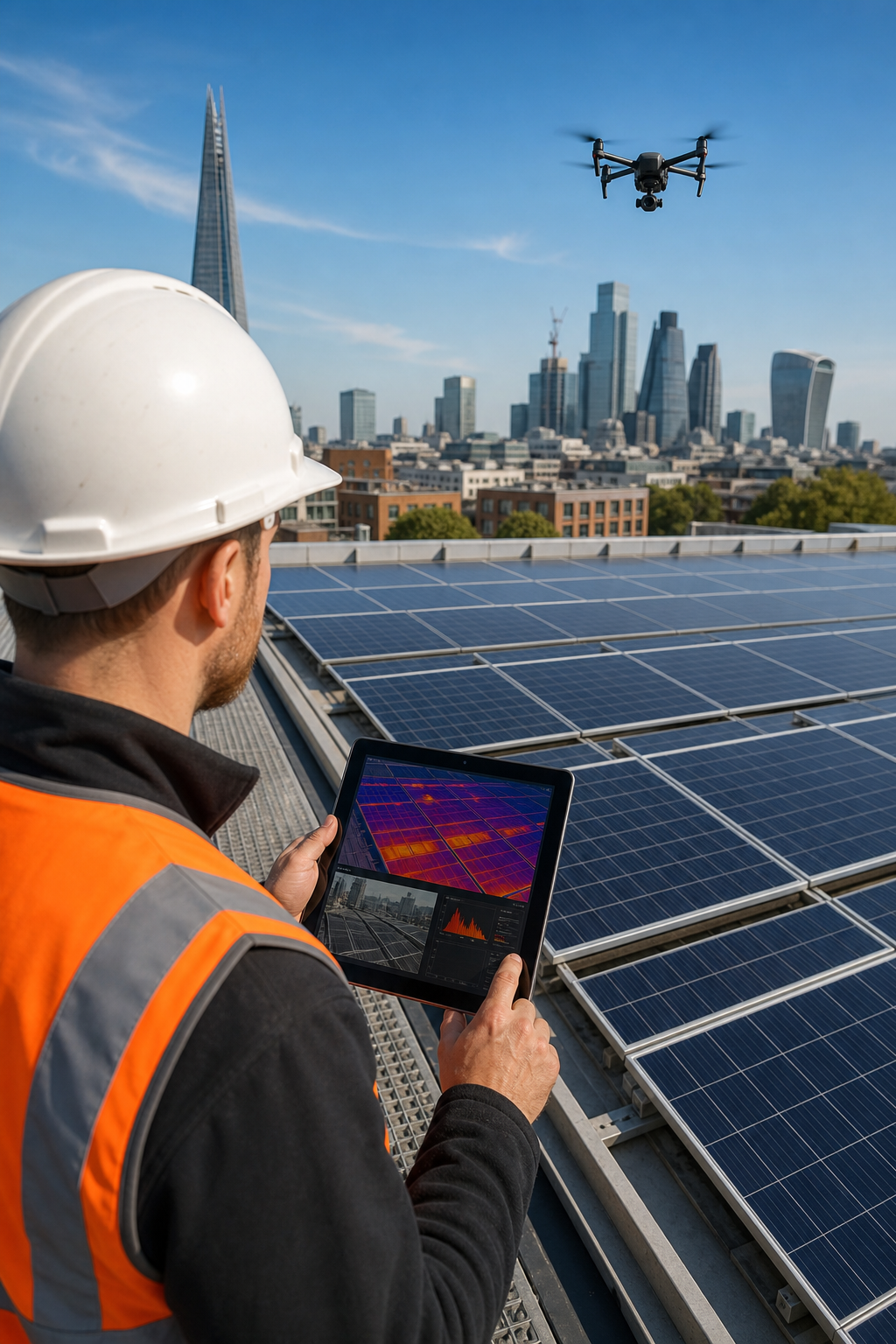 A drone flying over a large commercial rooftop solar PV array during a clear sky inspection, with a technician reviewing a digital report on a tablet in the foreground. Realistic editorial photography style with natural lighting and orange accent tones. Alt: drone-based IEC 62446 solar panel inspection report on commercial rooftop.
