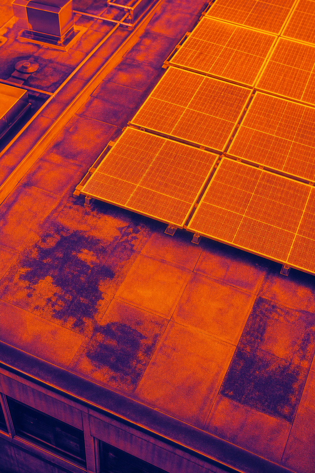 A close-up aerial view of a commercial flat roof showing a solar PV array with visible sections of roofing membrane beside and beneath the panels, captured by drone thermal camera in warm orange tones. Realistic editorial photography style. Alt: commercial flat roof solar panel inspection showing membrane condition and PV array.