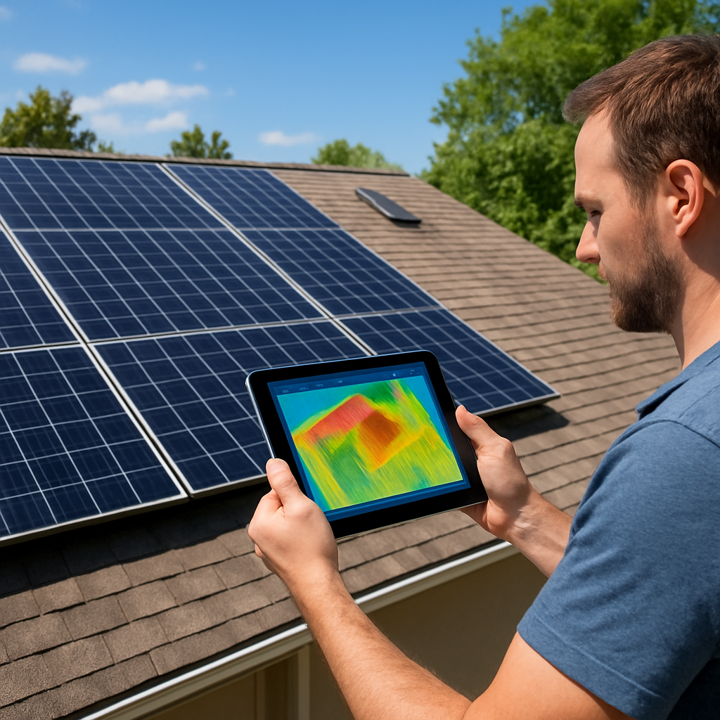 A sunny residential roof with solar panels in the planning stage, showing a homeowner holding a tablet displaying a shade‑analysis map. Alt: Assessing roof for solar panel installation, sun exposure, shade mapping, solar readiness