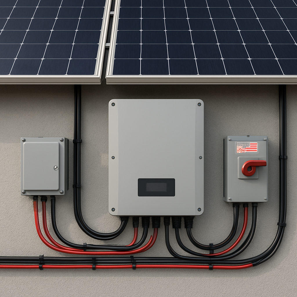 A solar rooftop with neatly organized wiring, inverter, and safety disconnects. Alt: Solar panel installation electrical connections