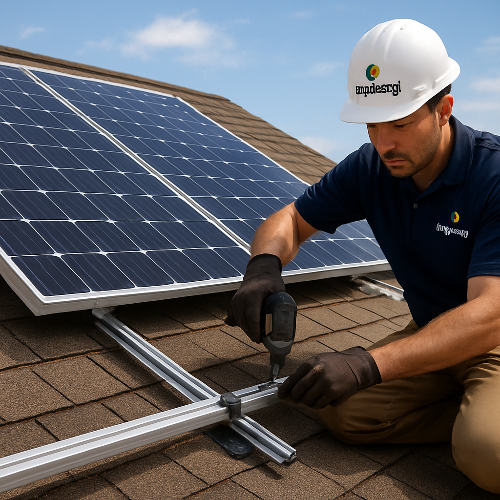 Solar panel installation guide: A step-by-step process for homeowners 2 Rooftop solar panel mounting rails with clamps and flashing, showing a technician securing panels. Alt: Secure solar panel mounting on residential roof.