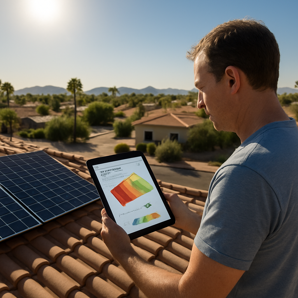 A sunny Phoenix rooftop with solar panels partially installed, showing a homeowner using a tablet to view a solar assessment app. Alt: Assessing solar potential on a Phoenix roof with sunlight and shading.