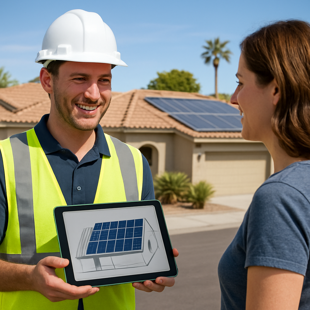 A friendly solar installer in a Phoenix neighborhood showing a roof layout to a homeowner, holding a tablet with system design. Alt: Hiring licensed solar installer in Phoenix, showing trust and professionalism.